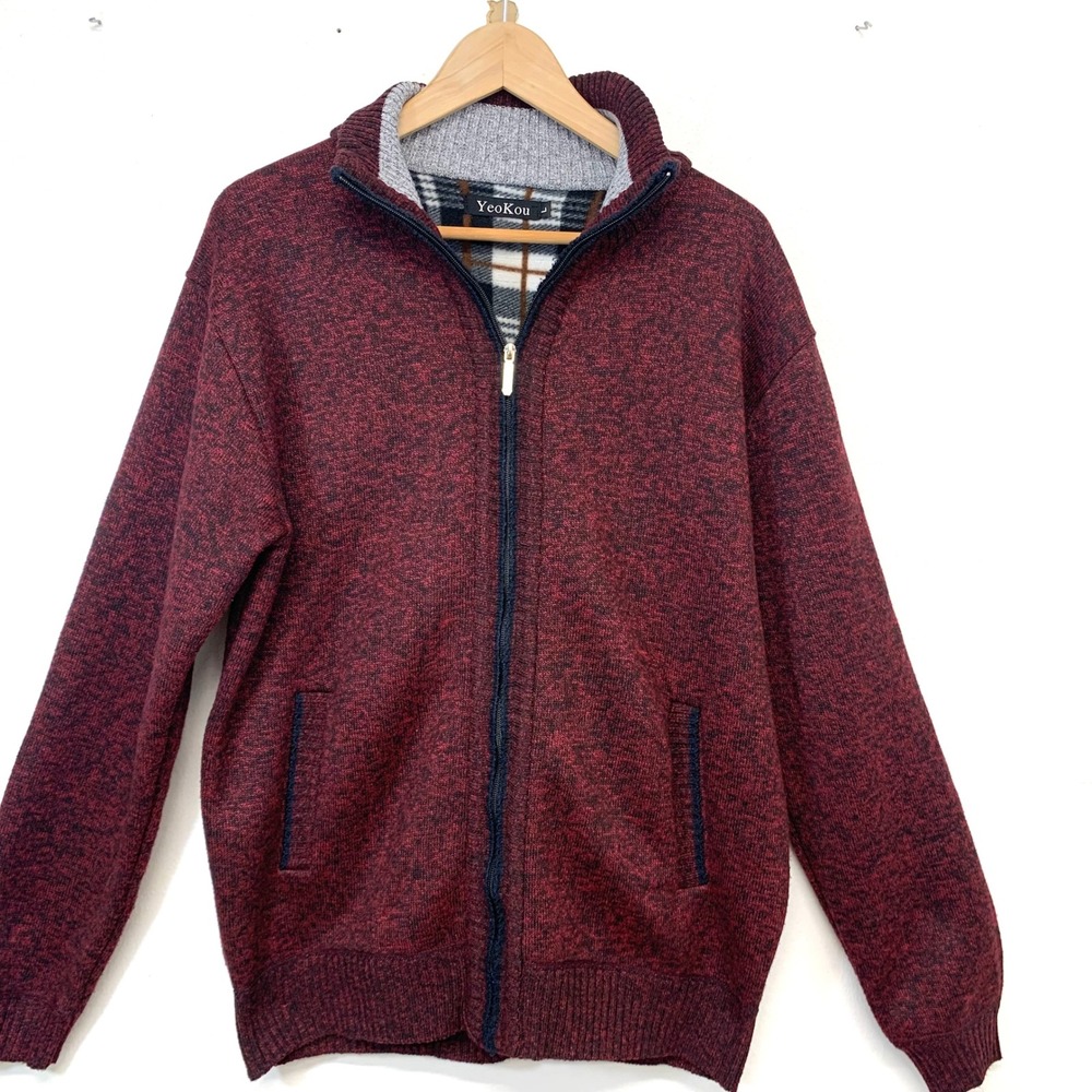 YeoKou Full Zip Cashmere Wool Blend Cardigan Sweater Fleece Lined  Red  Large